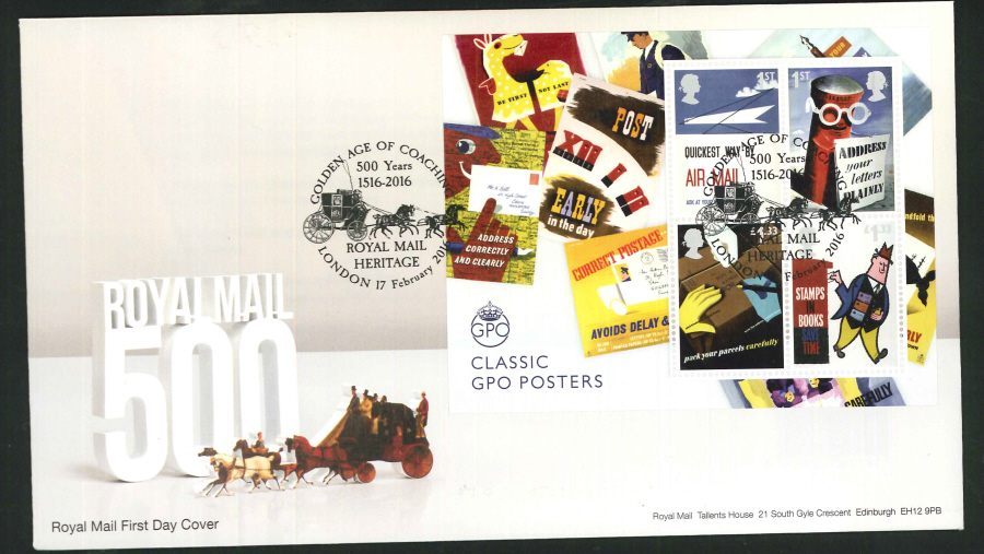 2016 - Royal Mail 500 Years First Day Cover Mini Sheet - Royal Mail Heritage London Postmark